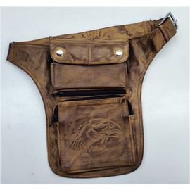 Bolsa de pierna piel EAGLE pernera para moto piel con logo marrón.